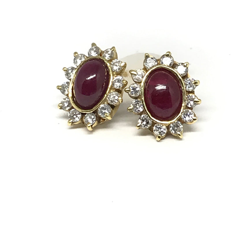 YELLOW GOLD RUBY CABOCHAN AND DIAMOND STUDS