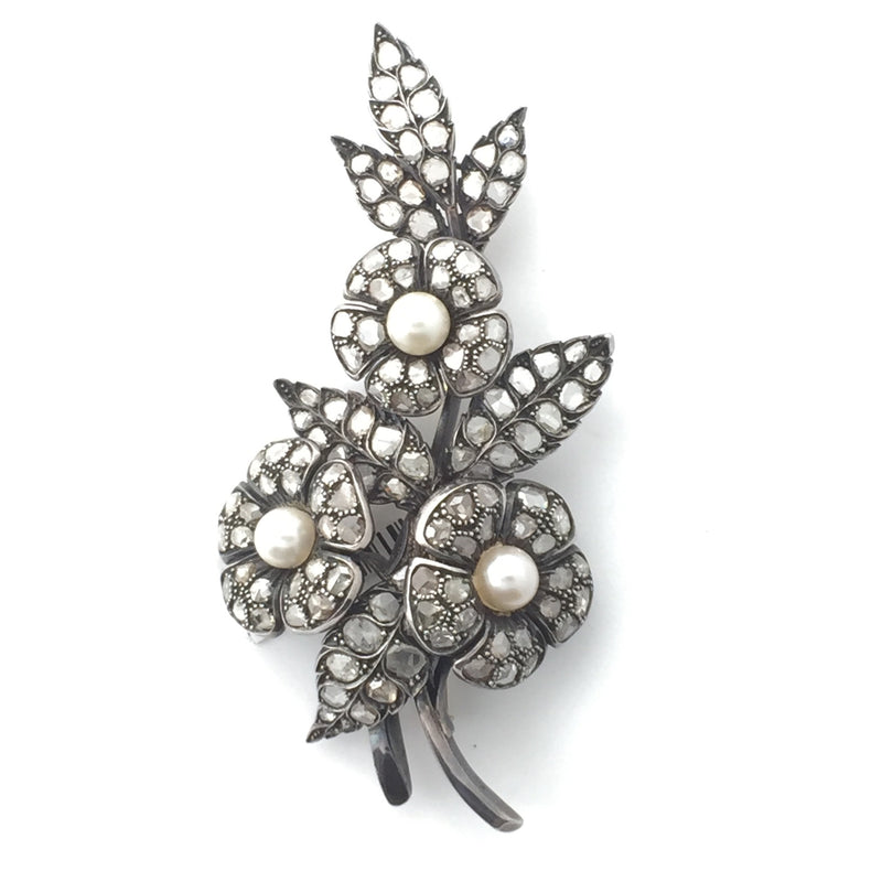 SILVER TOP GOLD DIA/PEARL FLOWER BROOCH