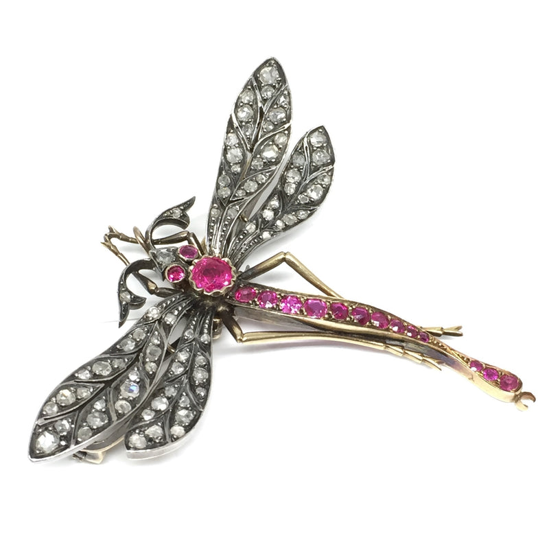 RUBY AND DIAMOND DRAGONFLY SILVER TOPPED GOLD BROOCH