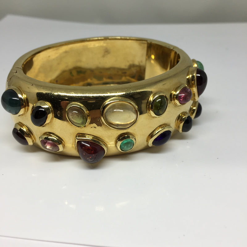 YELLOW  GOLD MULTI STONE WIDE BANGLE