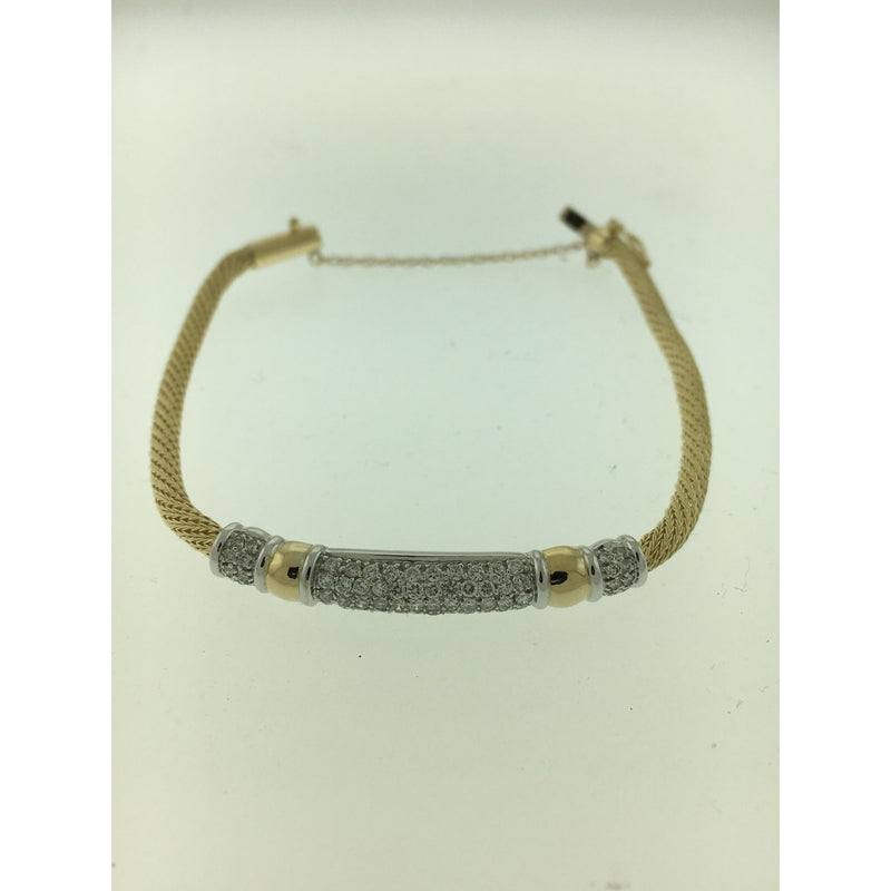 YELLOW AND WHITE GOLD PAVE` BAR WITH TWISTED MESH BRACELET