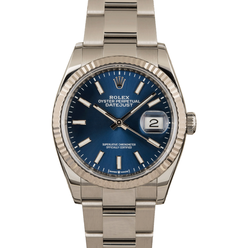 ROLEX STAINLESS STEEL DATEJUST BLUE INDEX DIAL 36MM
