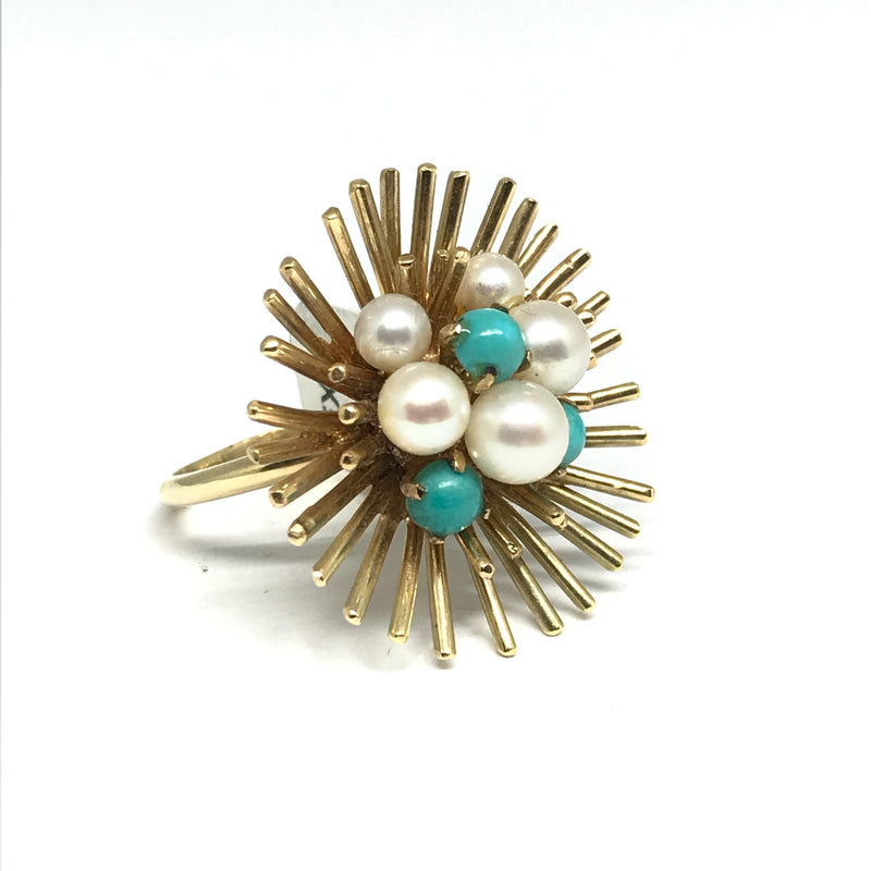 14K YELLOW GOLD PEARL AND TURQUOISE STARBURST RING CIRCA 1960'S