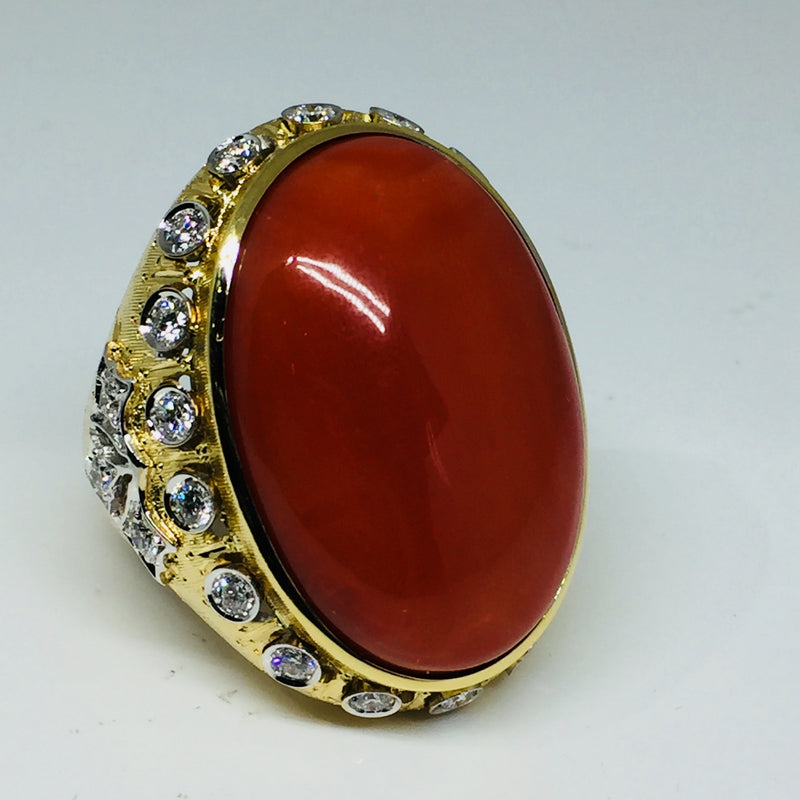 18K LARGE CORAL RING WITH DIAMONDS