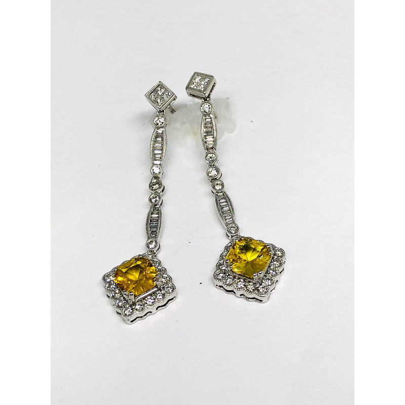 WG 2.90 CT TW RADIANT YELLOW SAPPHIRE AND DIAMOND DROP EARRINGS