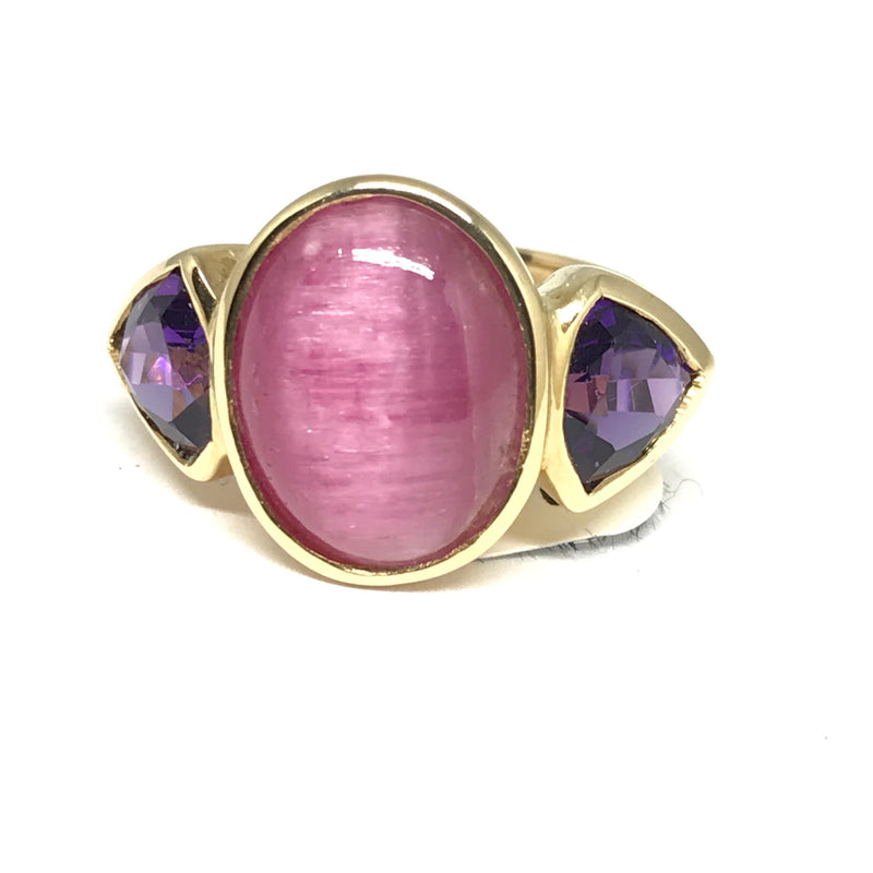 18K PINK CATS EYE OVAL AND AMETHYST RING